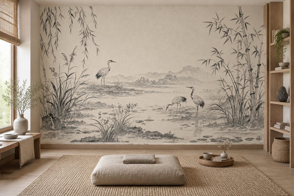 Bamboo Cranes Pond Wallpaper Ink Wash Wall Mural