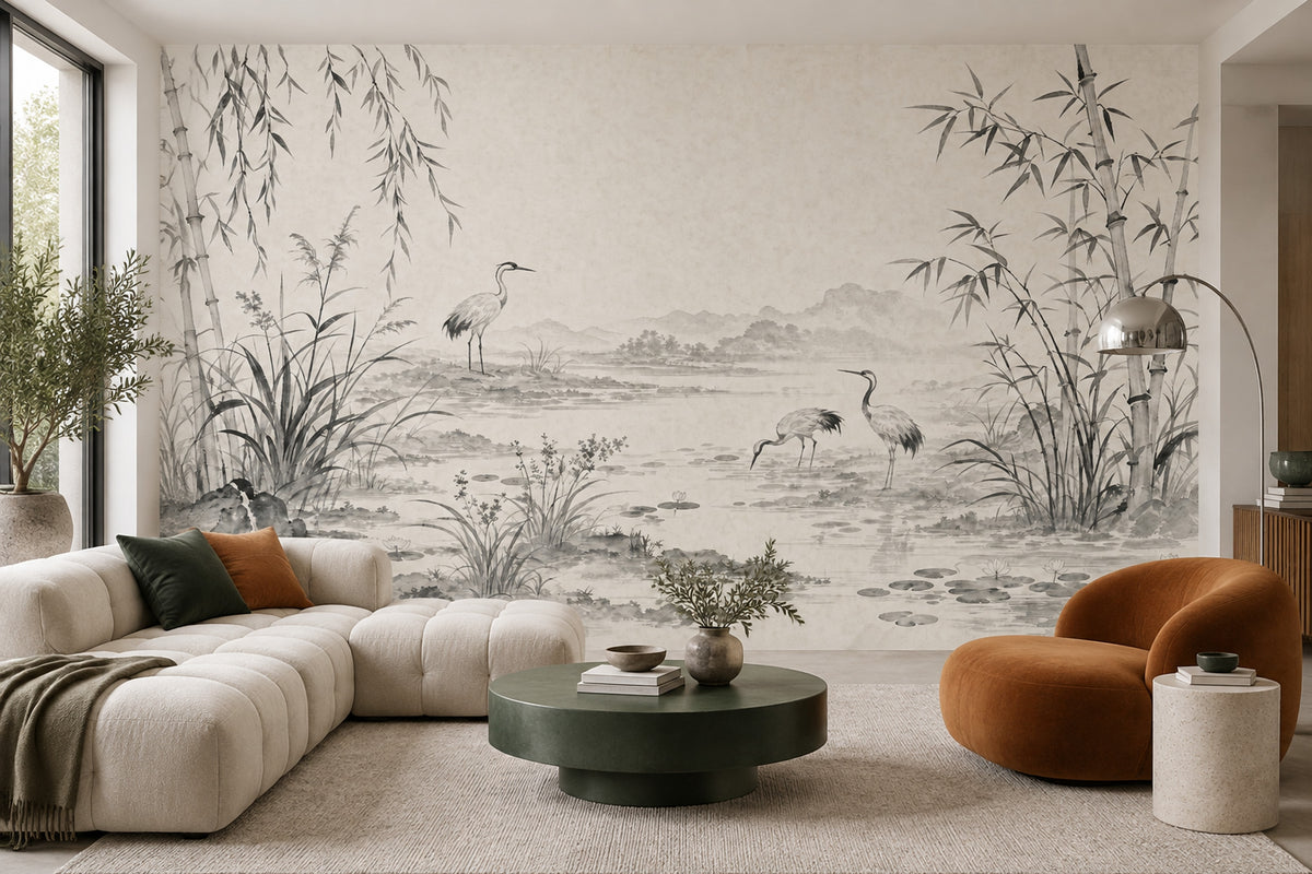 Bamboo Cranes Pond Wallpaper Ink Wash Wall Mural