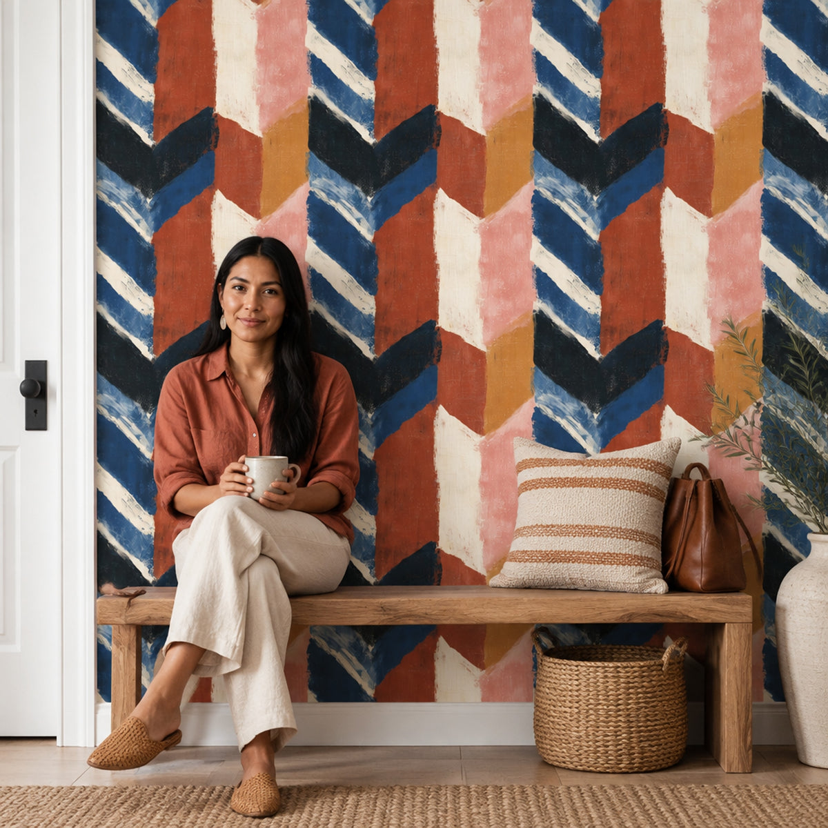 Abstract Brushstroke Wallpaper Dark Navy Rust Blocks