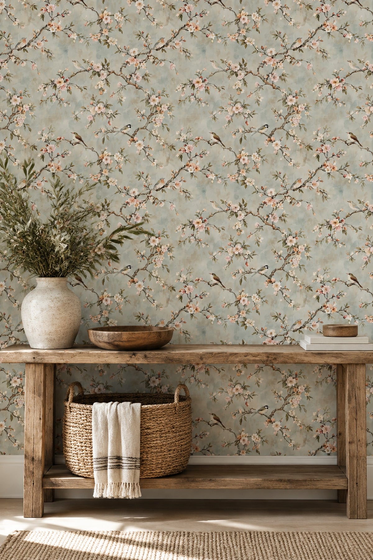 Cherry Blossoms And Birds Wallpaper Chinoiserie Garden In Light Blue