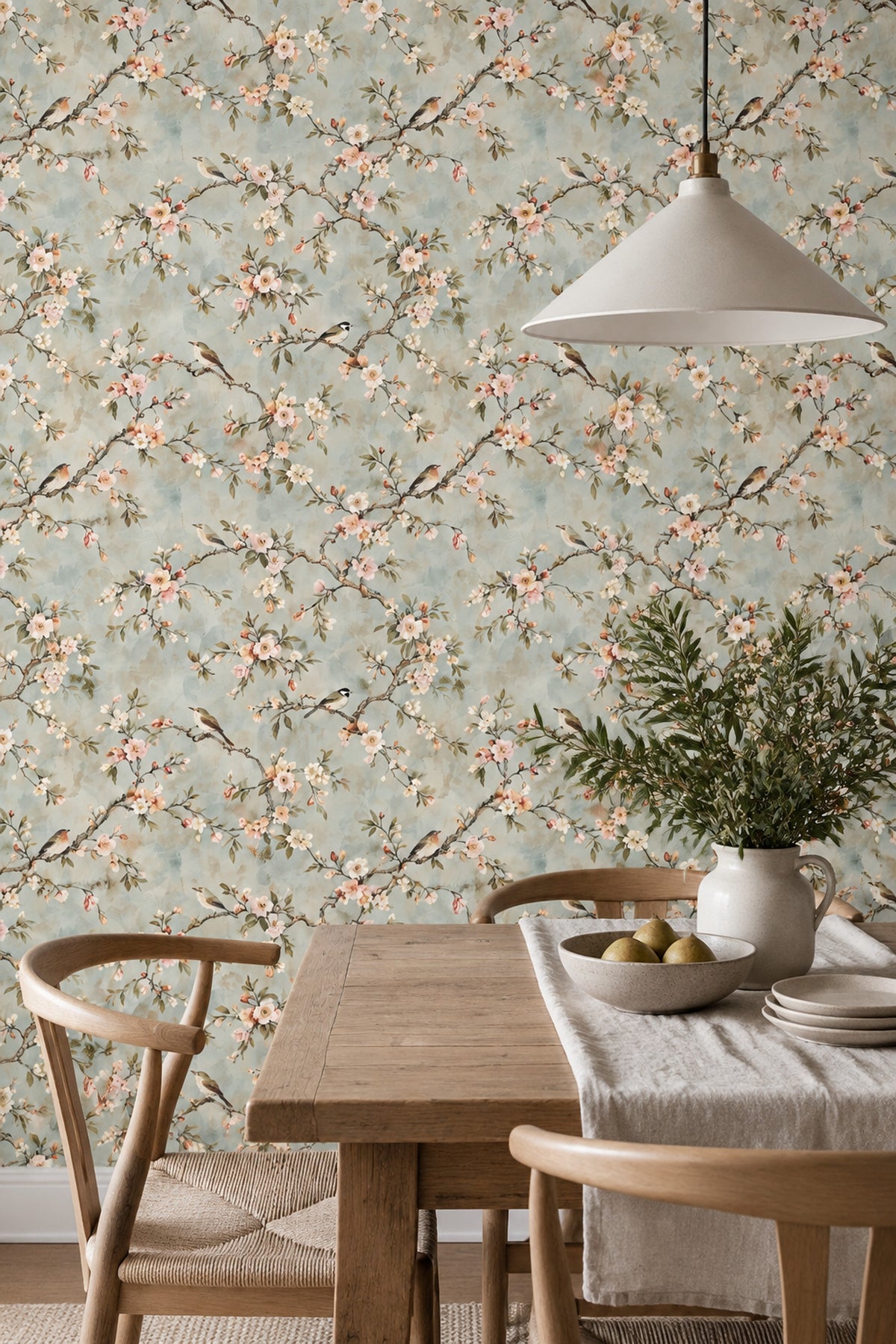 Cherry Blossoms And Birds Wallpaper Chinoiserie Garden In Light Blue