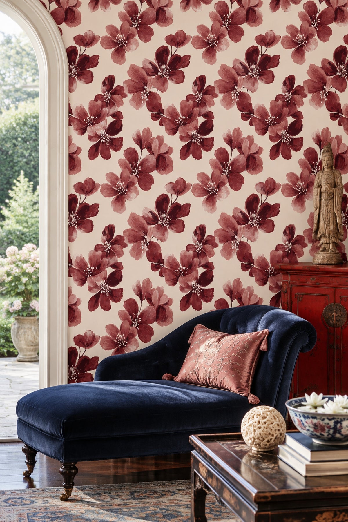 Large Red Flowers Wallpaper Cream Background