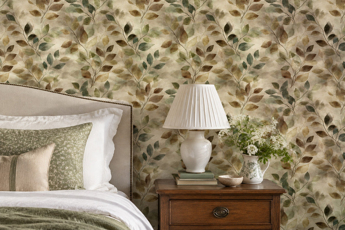 Leaf Branches Wallpaper Watercolor Sage Green On Cream