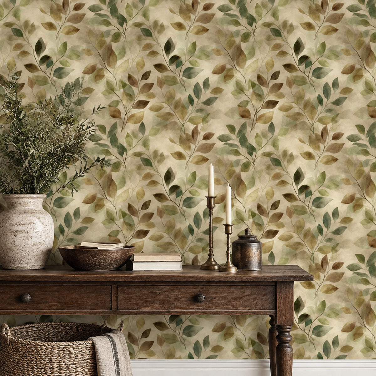 Leaf Branches Wallpaper Watercolor Sage Green On Cream