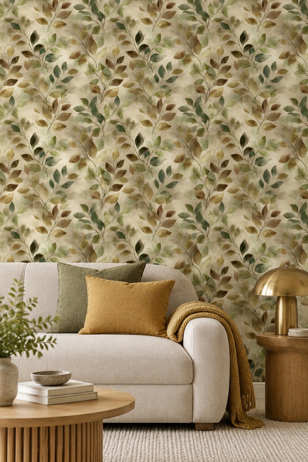 Leaf Branches Wallpaper Watercolor Sage Green On Cream