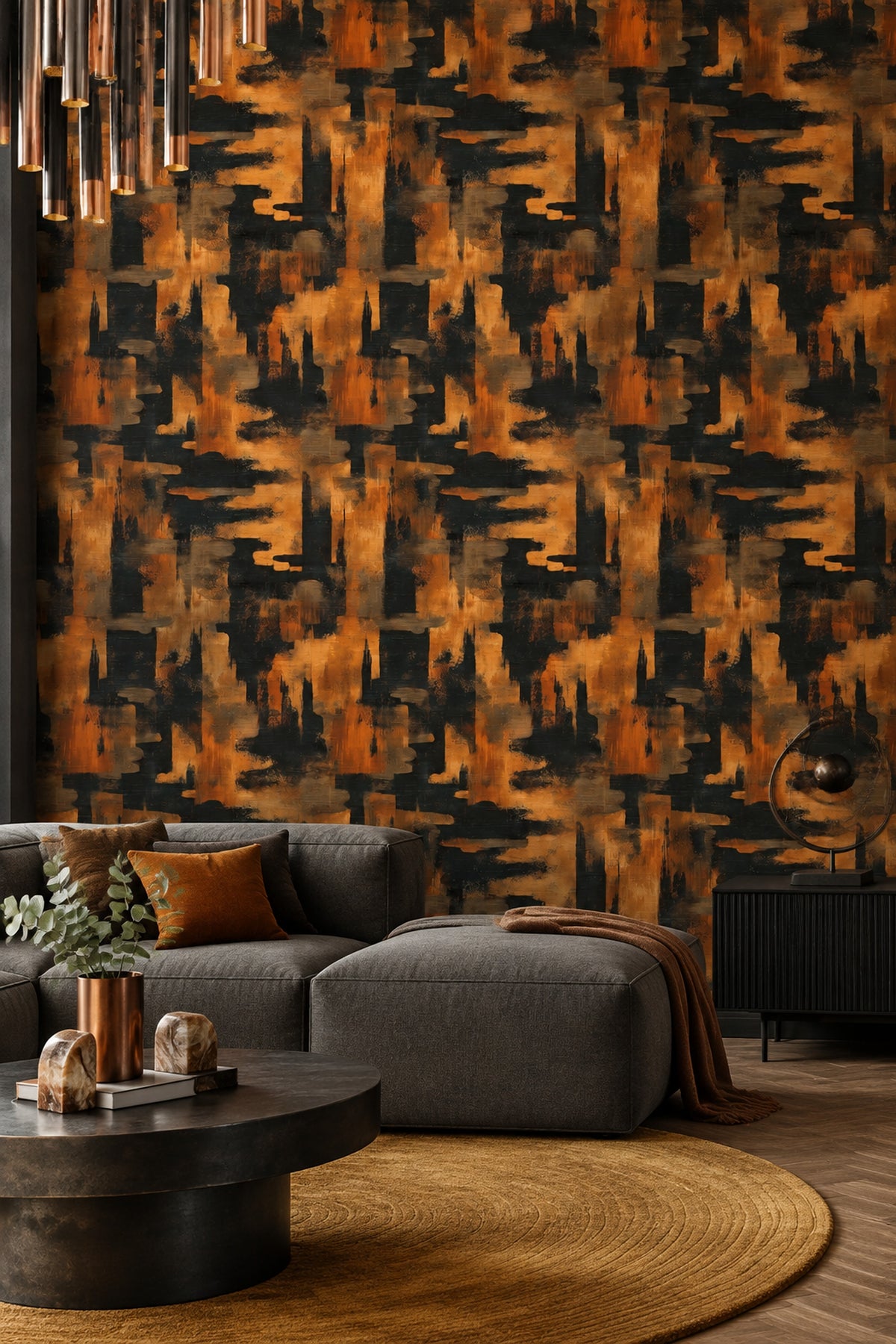 Abstract Geometric Blocks Wallpaper Black Burnt Orange Textured