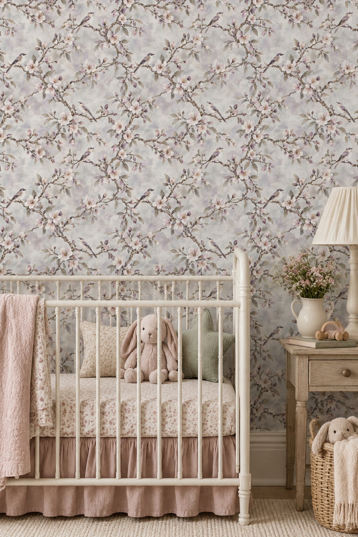 Cherry Blossom Birds Wallpaper Watercolor Branches Soft Gray