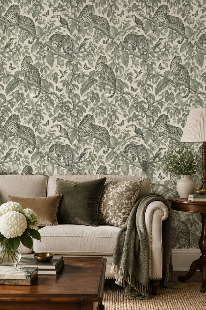 Jaguar And Toucan Wallpaper Vintage Tropical Toile In Sage Green