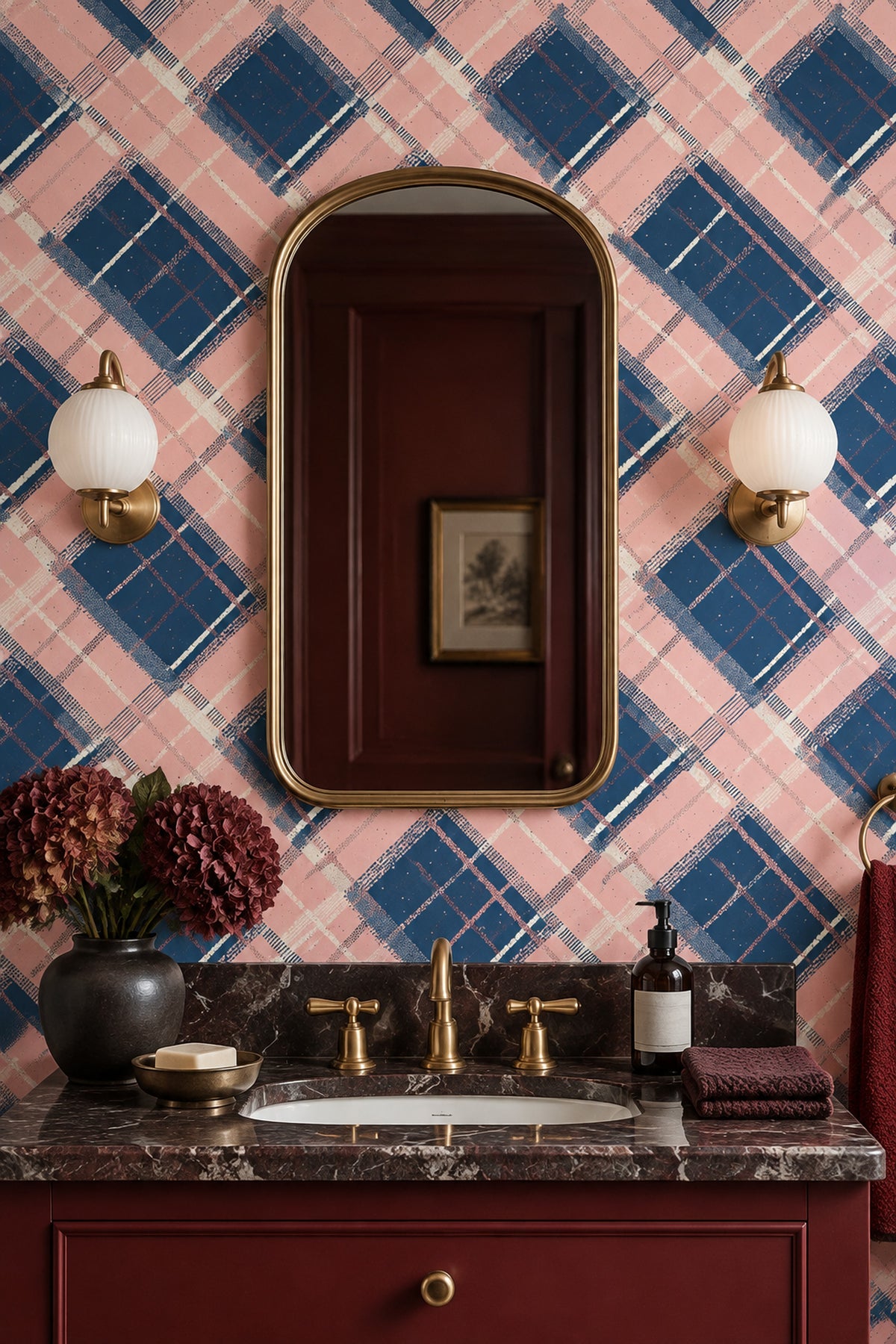Abstract Plaid Wallpaper Pink Navy Diagonal Grid