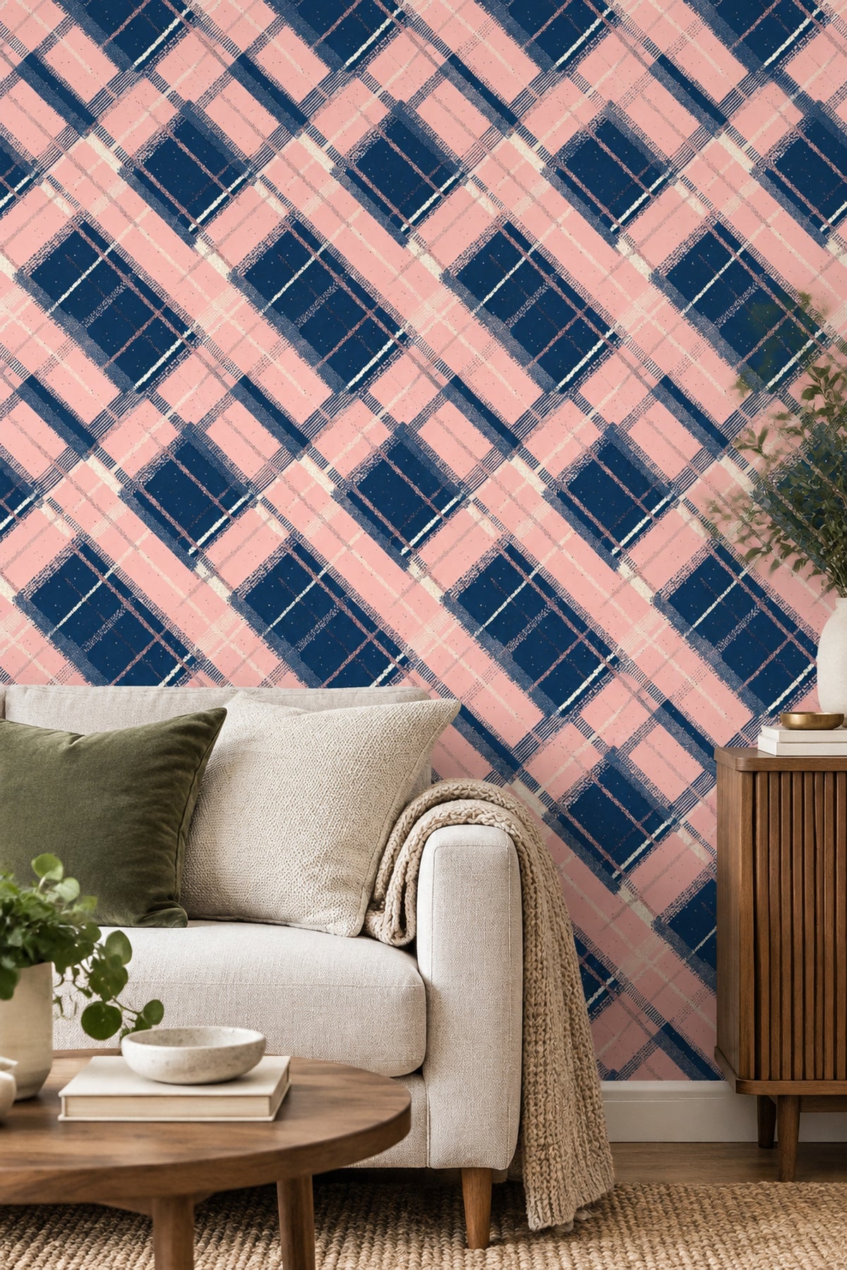 Abstract Plaid Wallpaper Pink Navy Diagonal Grid