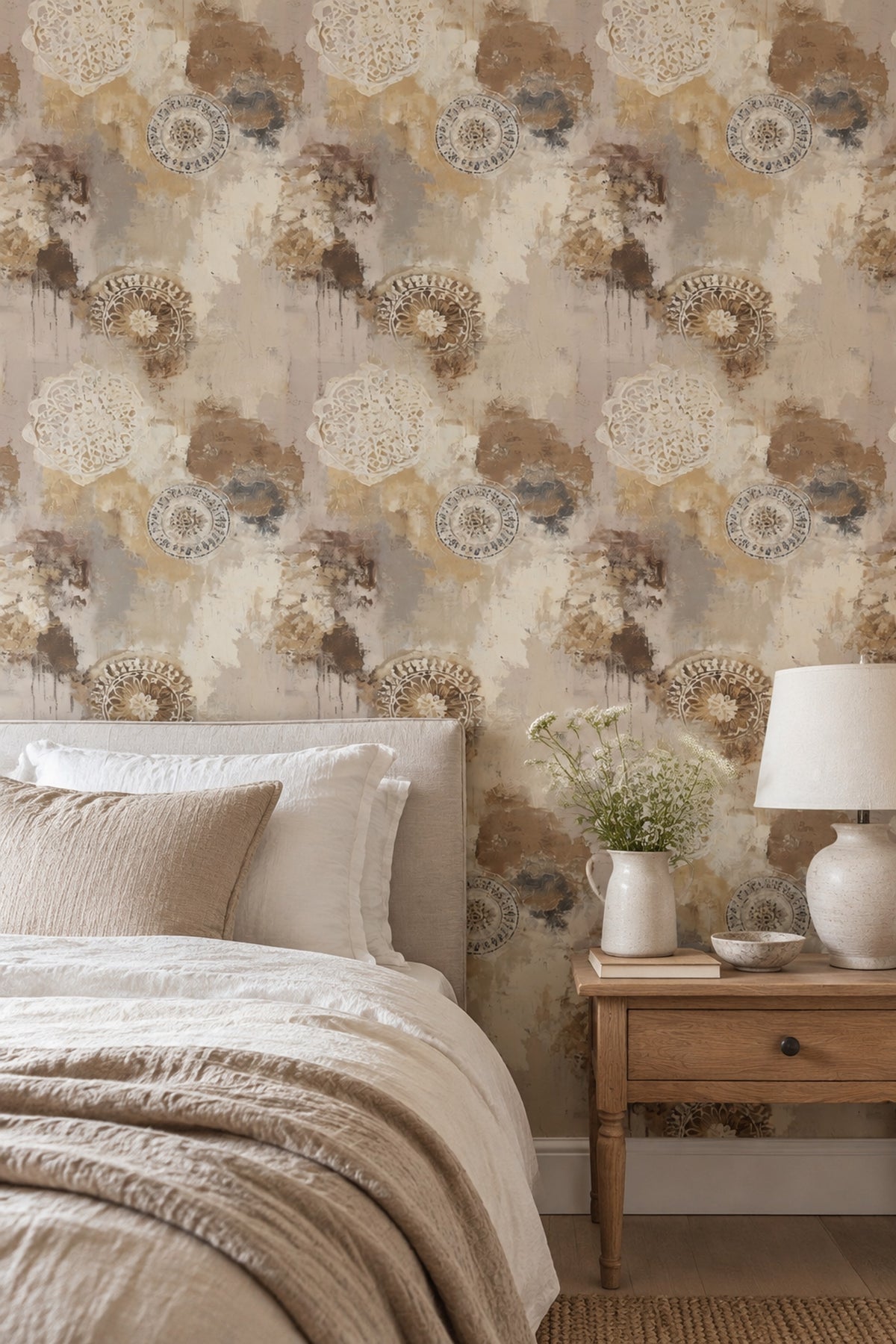 Ornamental Medallion Wallpaper Distressed Beige Textured