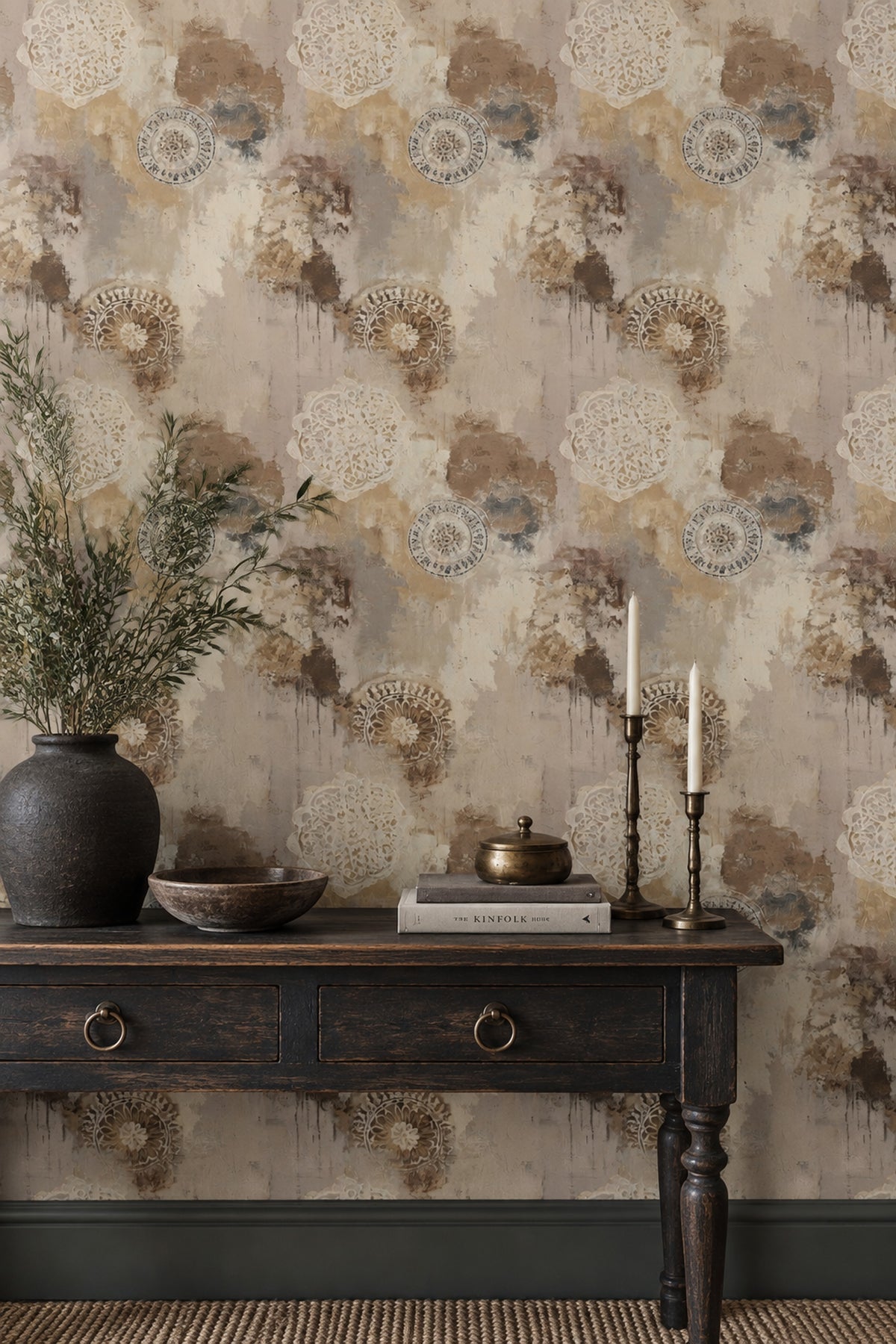 Ornamental Medallion Wallpaper Distressed Beige Textured