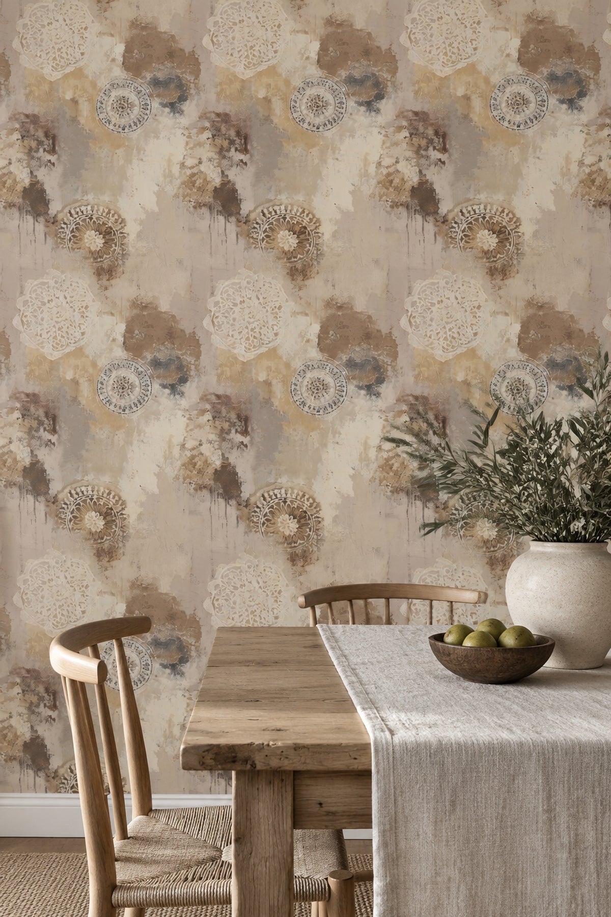 Ornamental Medallion Wallpaper Distressed Beige Textured