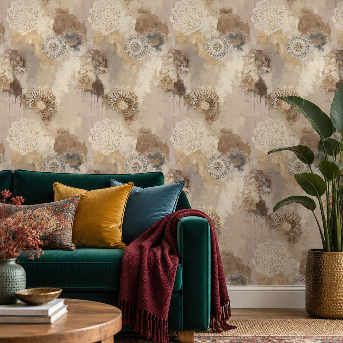 Ornamental Medallion Wallpaper Distressed Beige Textured