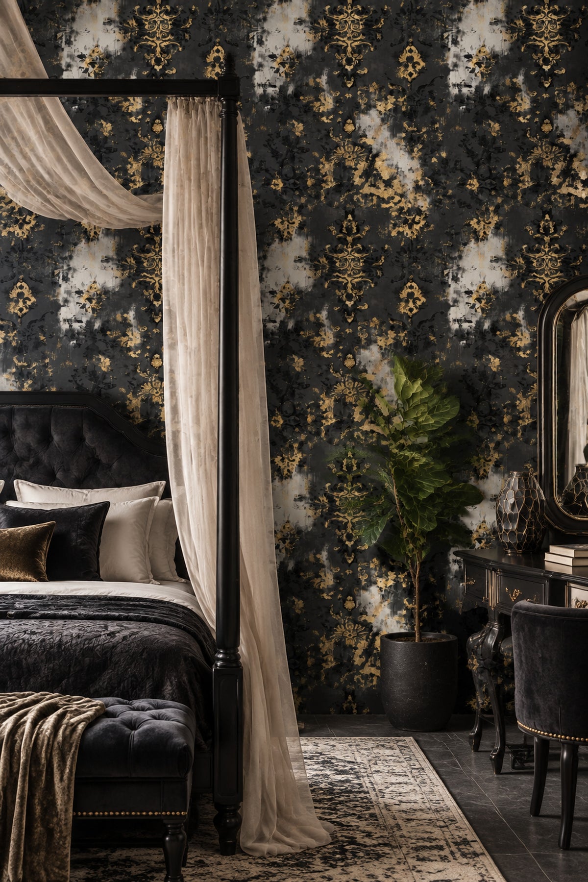 Gold Damask Wallpaper Distressed Black Gray Abstract Background