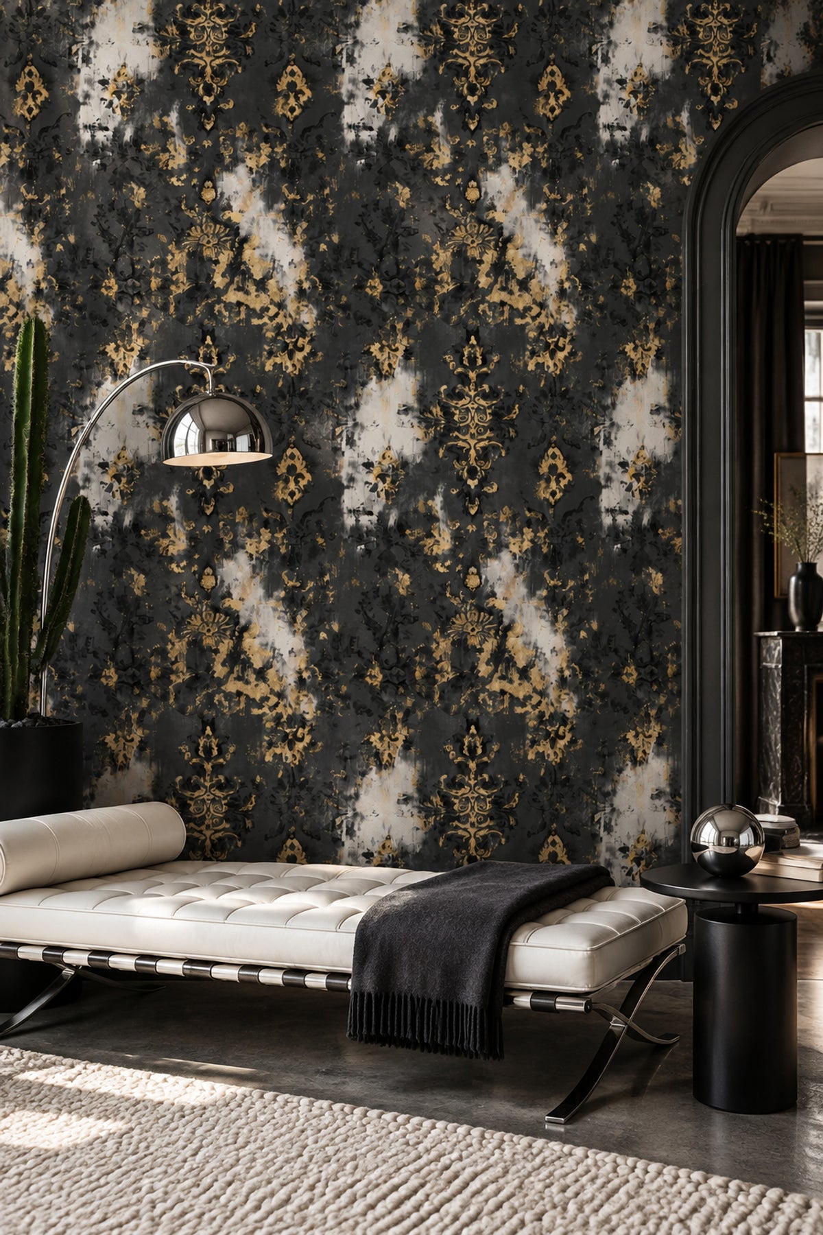Gold Damask Wallpaper Distressed Black Gray Abstract Background