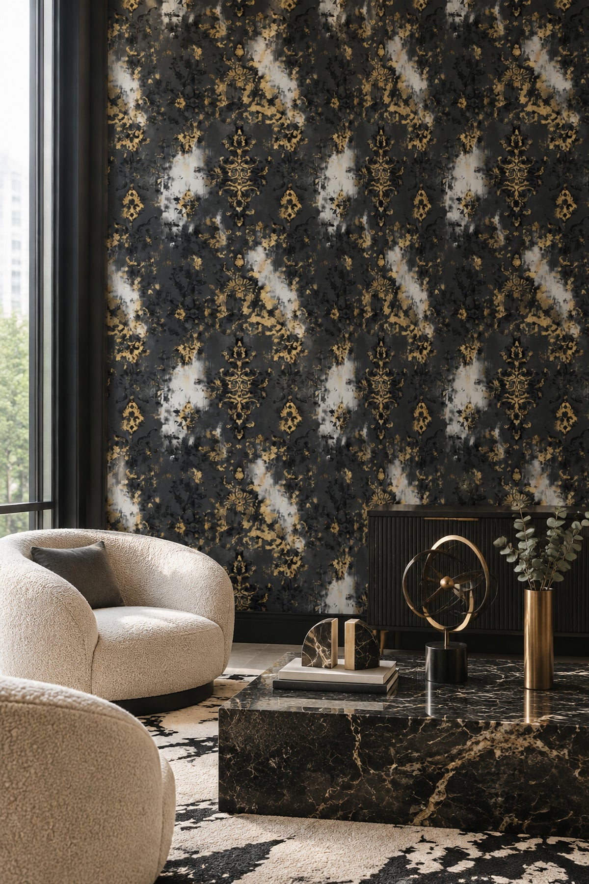 Gold Damask Wallpaper Distressed Black Gray Abstract Background