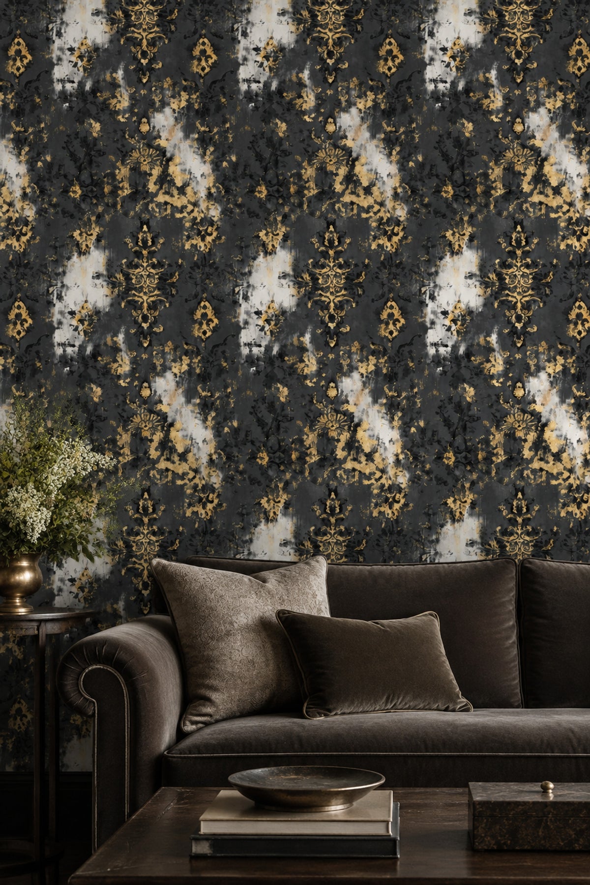 Gold Damask Wallpaper Distressed Black Gray Abstract Background