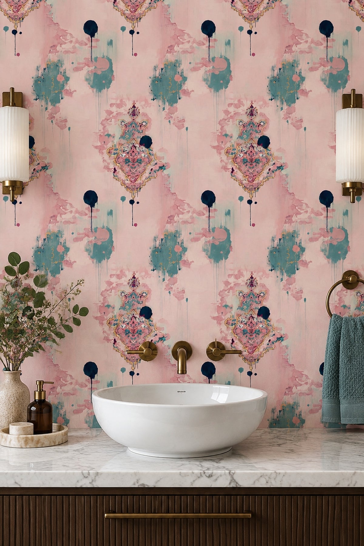 Abstract Watercolor Wallpaper Pink With Teal Ink Drips