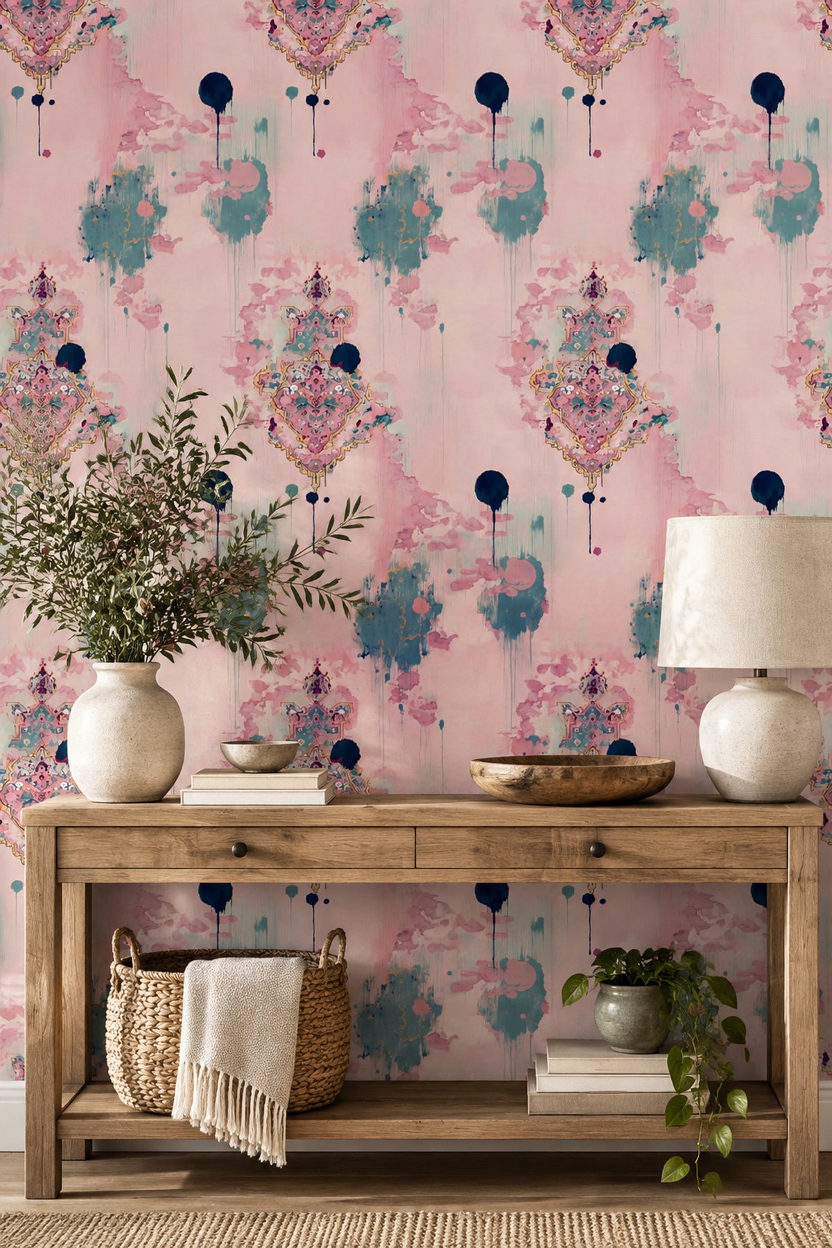 Abstract Watercolor Wallpaper Pink With Teal Ink Drips