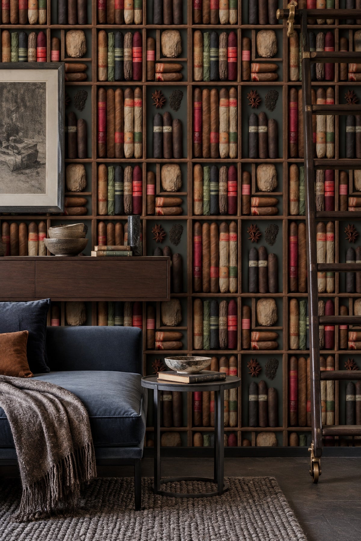 Cigar Humidor Wallpaper Dark Wooden Shelf Pattern