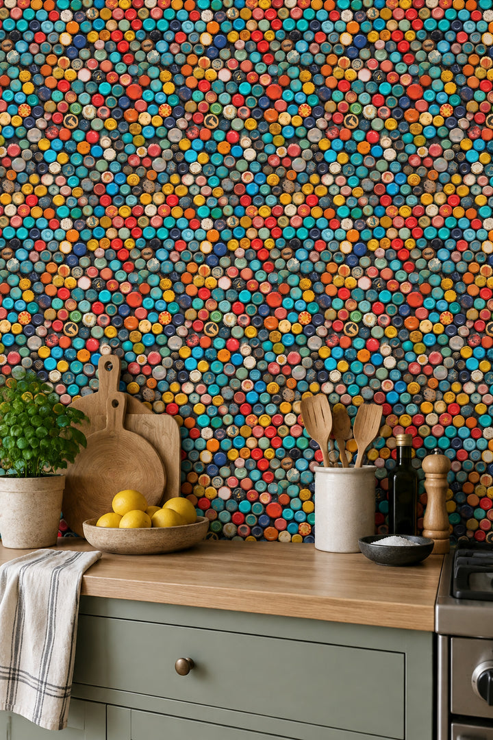 Bottle Cap Wallpaper Retro Multicolor Mosaic