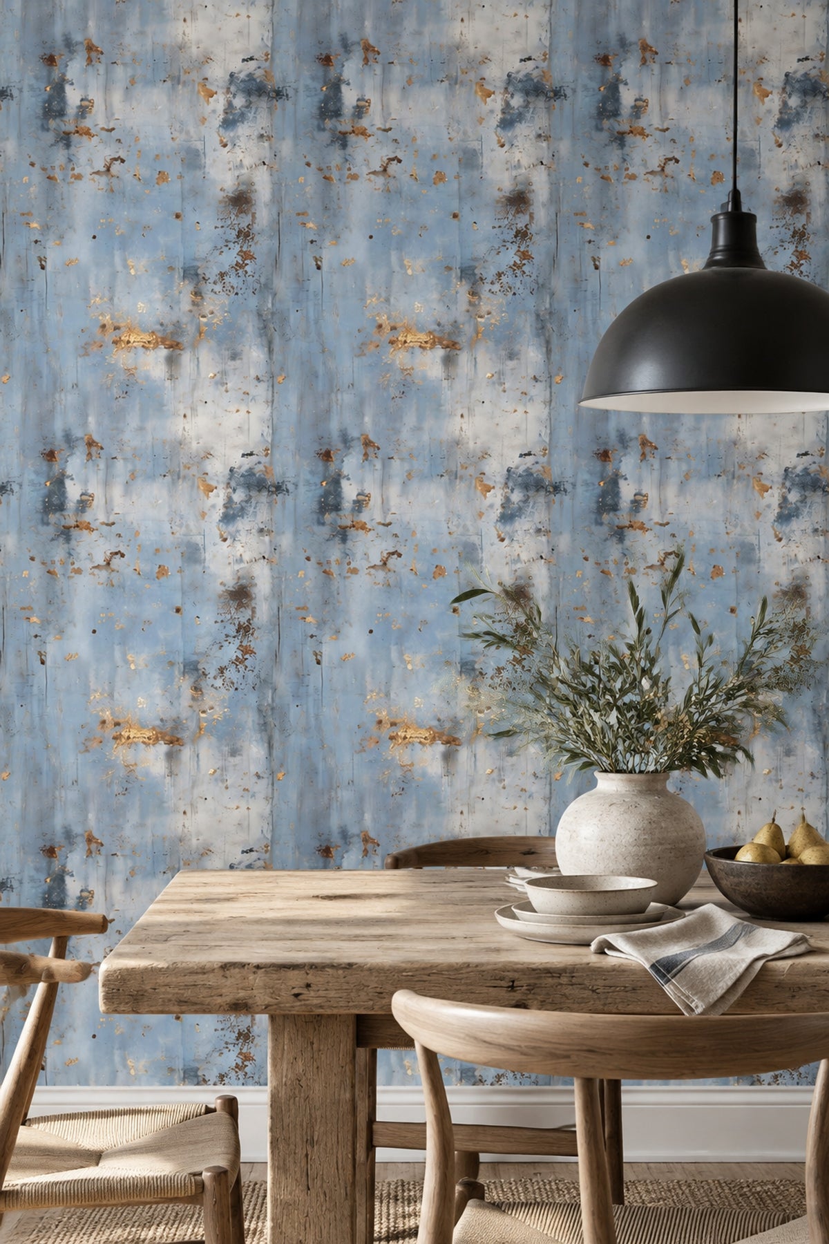 Abstract Plaster Texture Wallpaper Blue Gray Metallic Gold