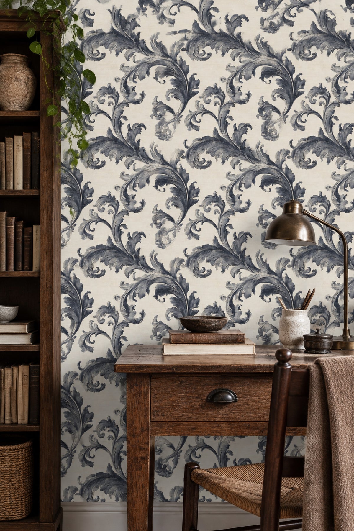 Acanthus Leaves Wallpaper Damask Scrollwork In Cream And Navy