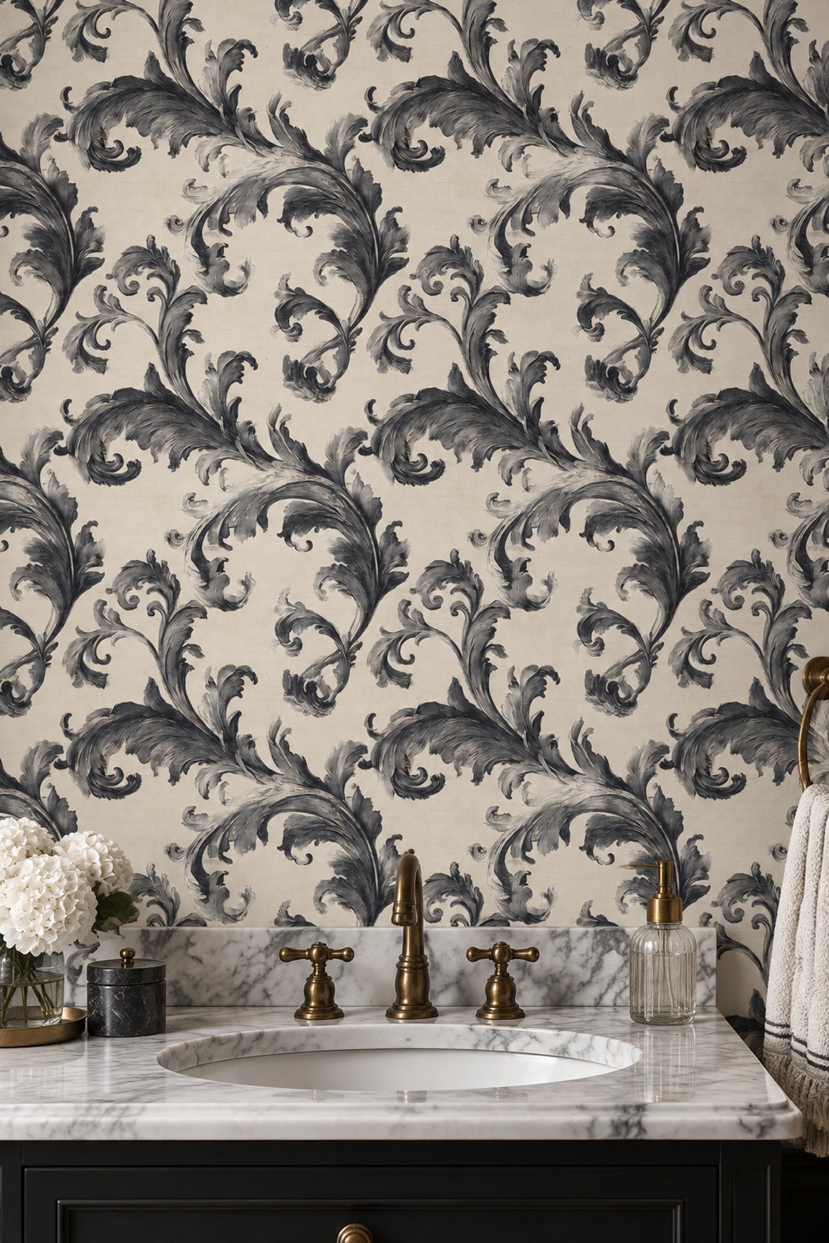 Acanthus Leaves Wallpaper Damask Scrollwork In Cream And Navy