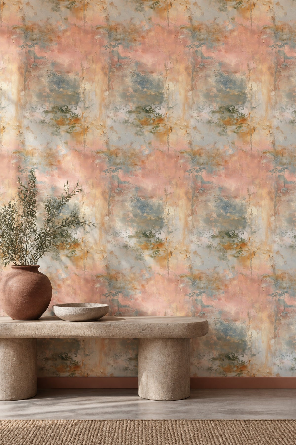 Fresco Wall Wallpaper Distressed Plaster Texture In Blush Pink And Cream