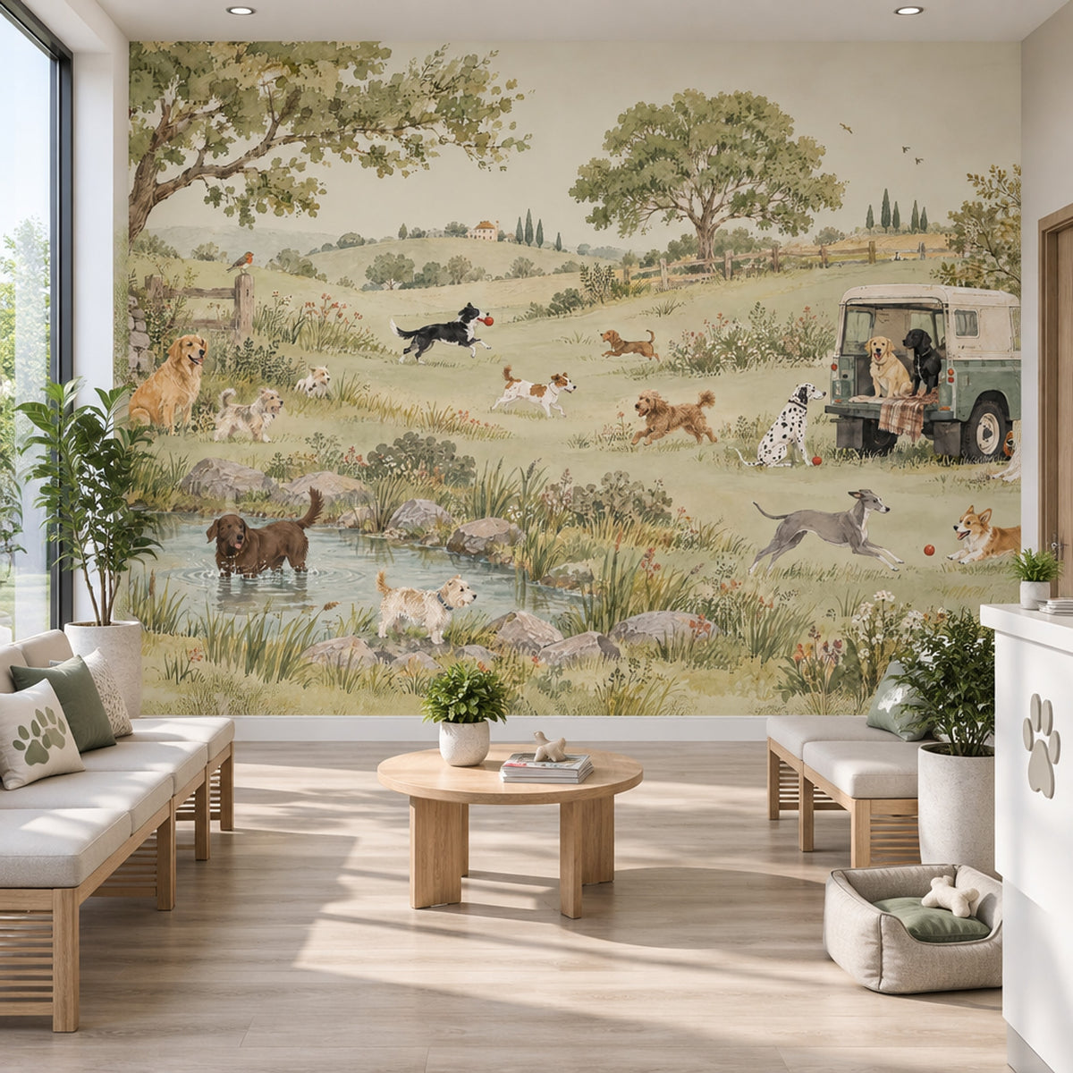 Watercolor Countryside Dogs Wallpaper Pastoral Landscape Wall Mural