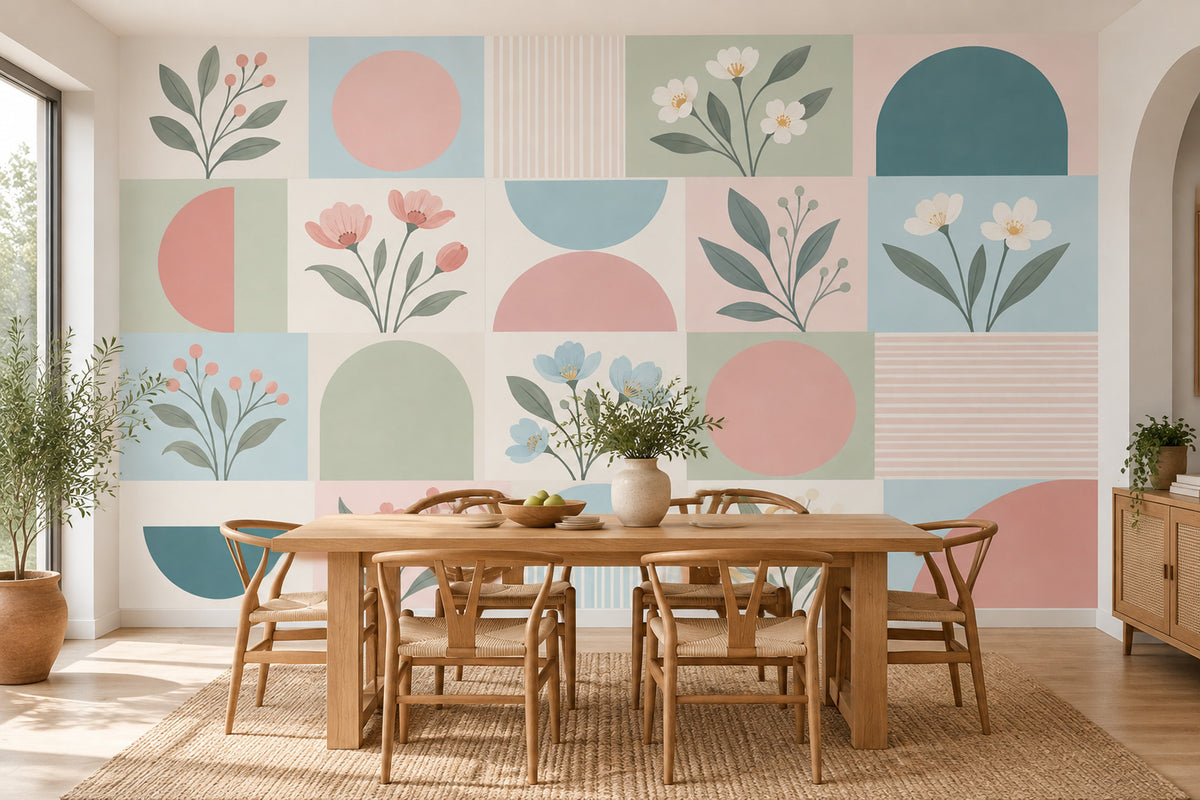 Botanical Geometric Wallpaper Muted Green Wall Mural