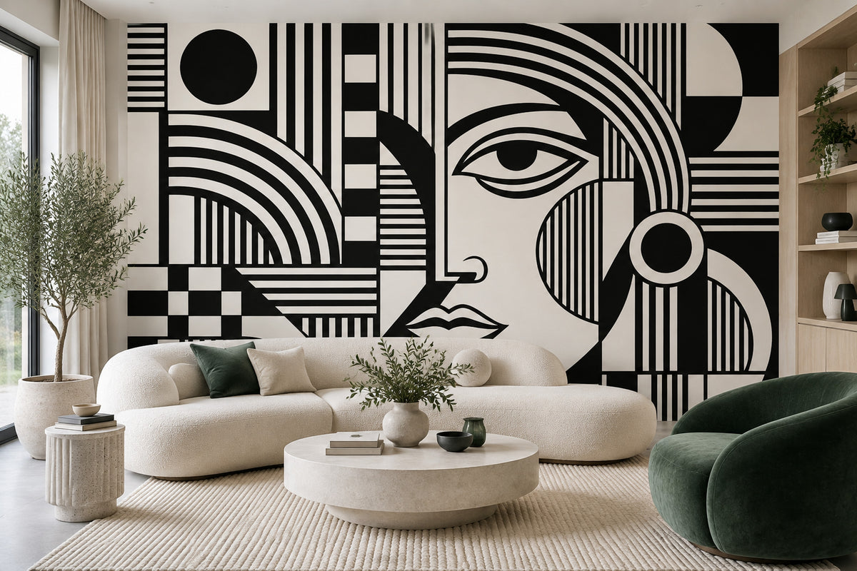 Geometric Face Wallpaper Monochrome Graphic Wall Mural