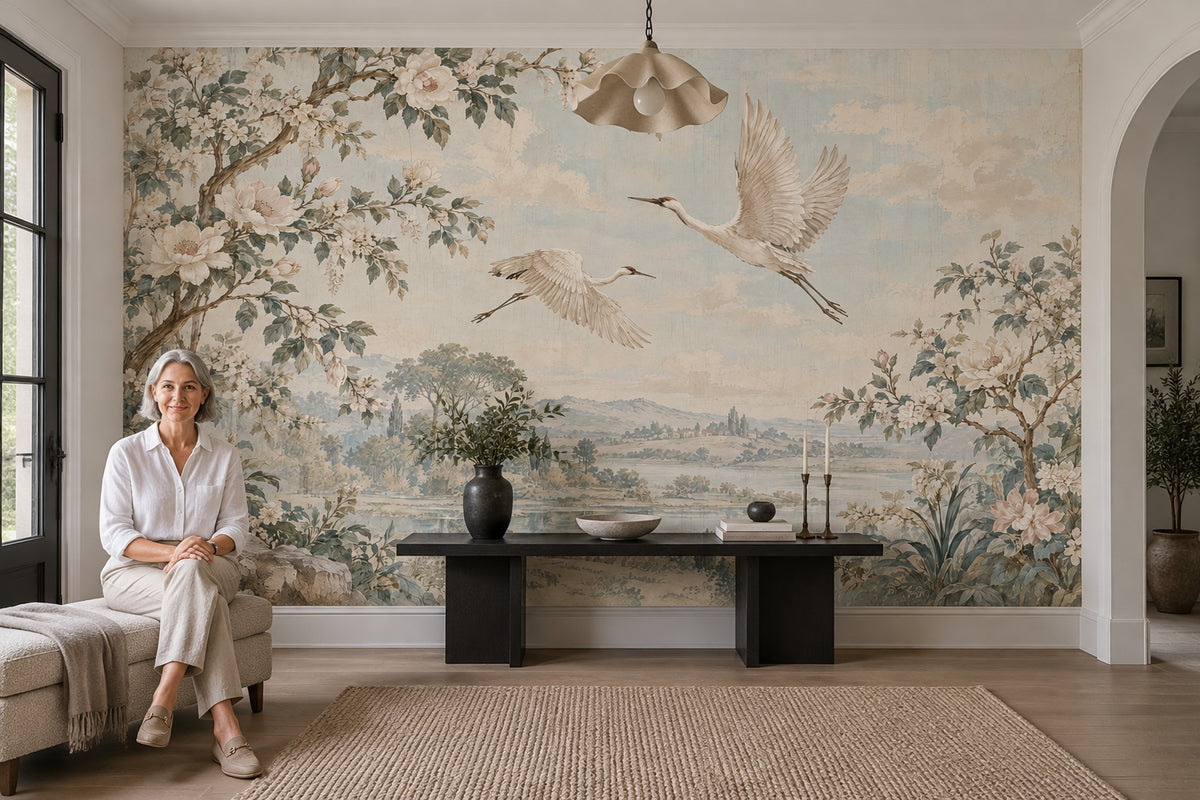Flying Cranes Wallpaper Chinoiserie Landscape Wall Mural