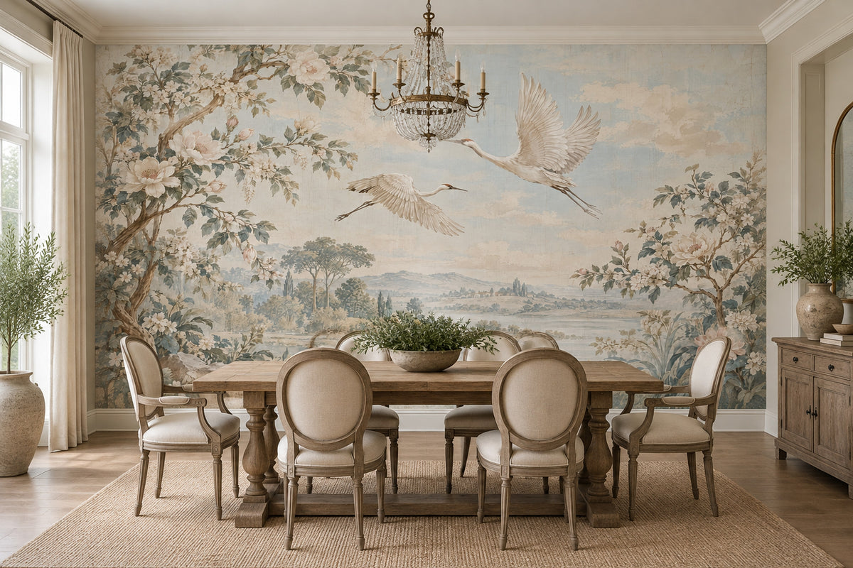 Flying Cranes Wallpaper Chinoiserie Landscape Wall Mural