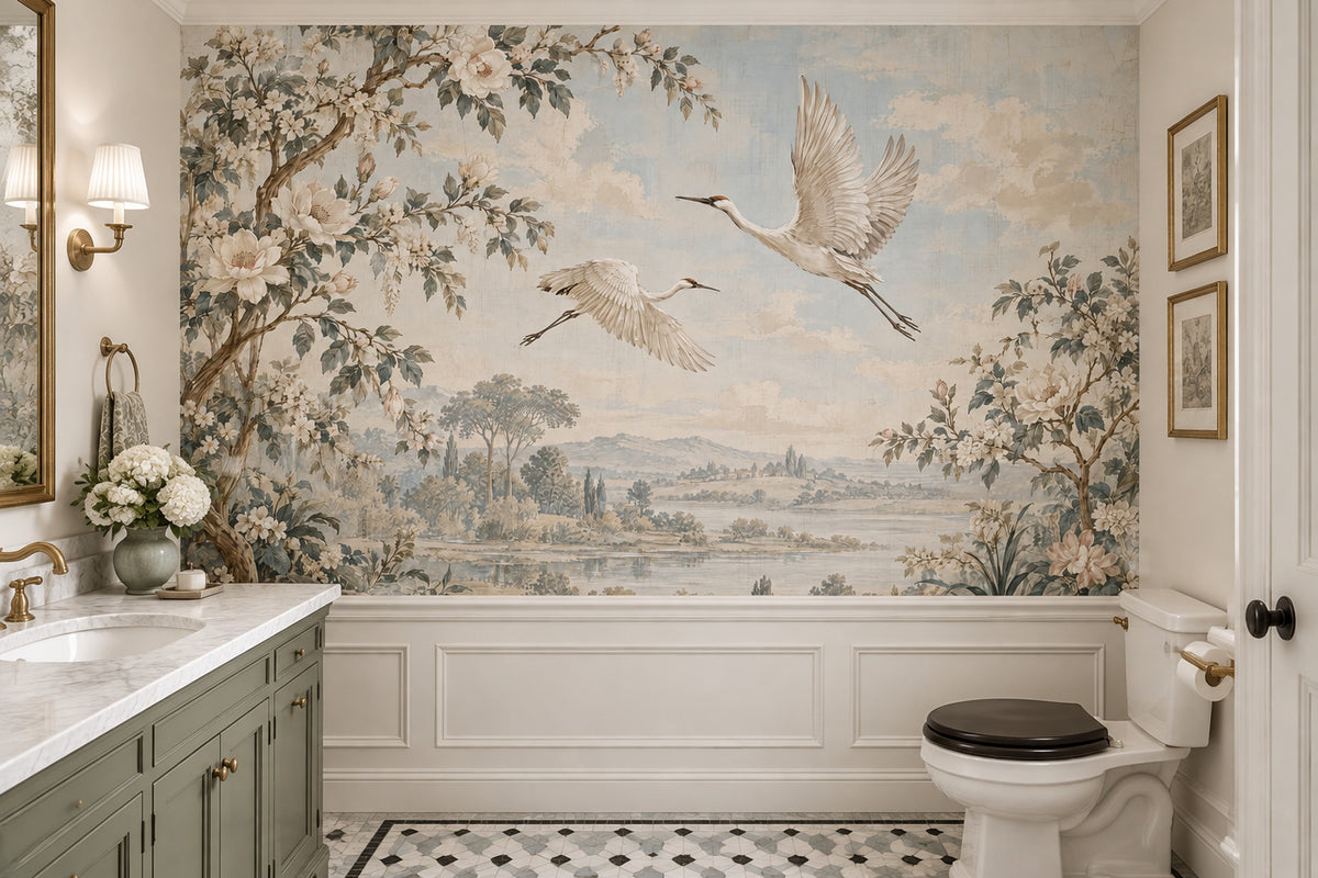 Flying Cranes Wallpaper Chinoiserie Landscape Wall Mural
