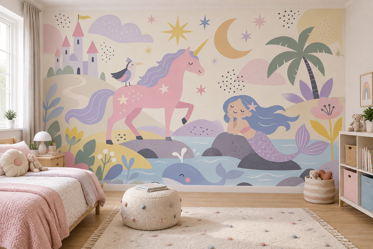 Unicorn Mermaid Castle Wallpaper Pastel Fantasy Wall Mural