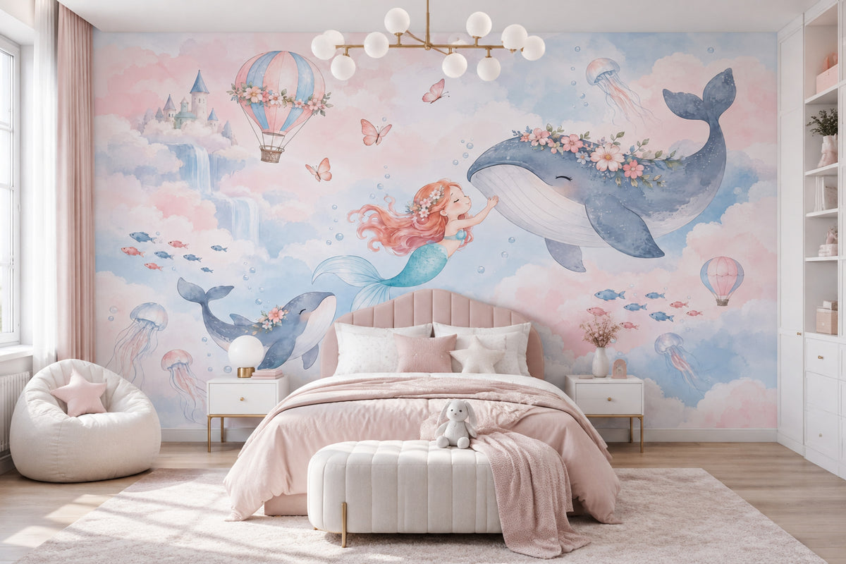 Mermaid And Whale Wallpaper Hot Air Balloon Fantasy Wall Mural