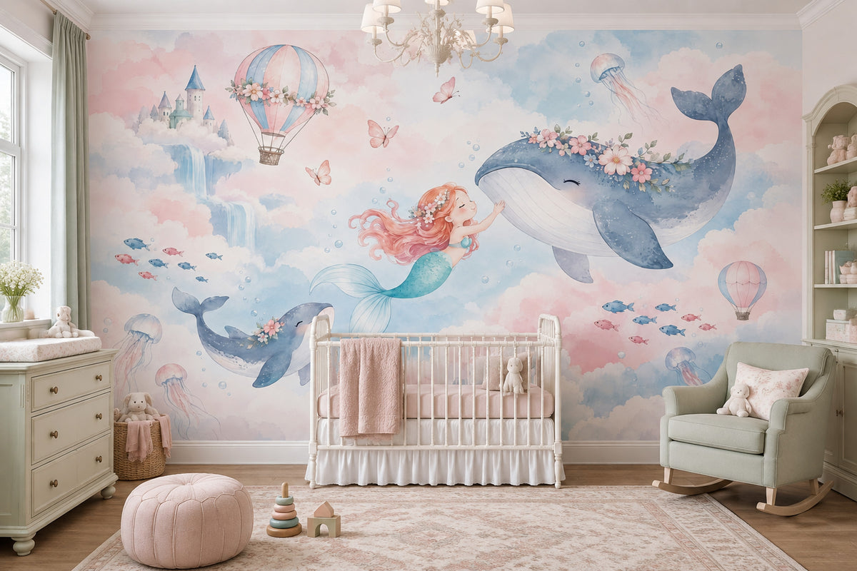 Mermaid And Whale Wallpaper Hot Air Balloon Fantasy Wall Mural