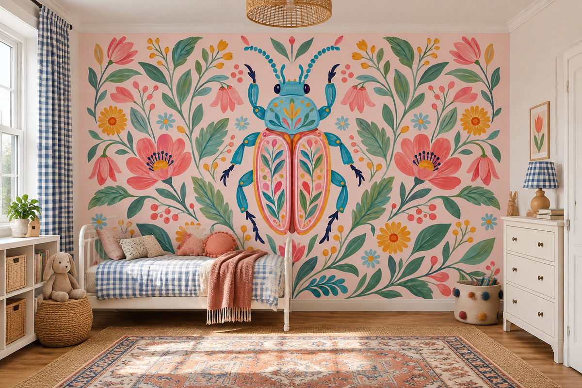 Decorative Beetle Floral Wallpaper Folk Art Wall Mural