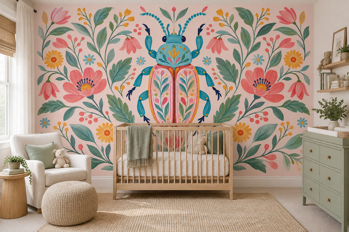 Decorative Beetle Floral Wallpaper Folk Art Wall Mural