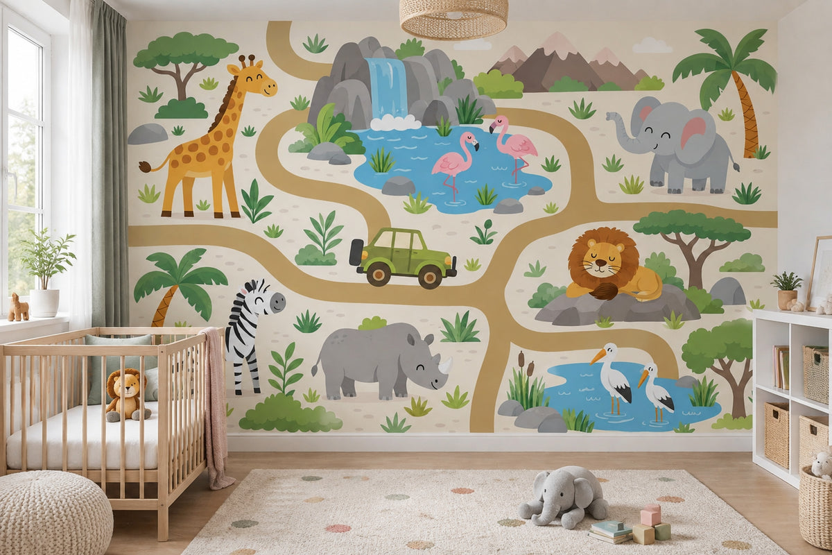 Cartoon Safari Animals Wallpaper Tropical Landscape Wall Mural
