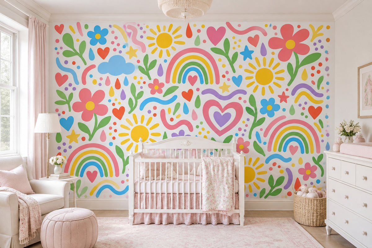 Rainbow Doodle Icons Wallpaper White Background Wall Mural