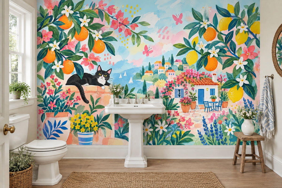 Mediterranean Citrus Garden Wallpaper Coastal Terrace Wall Mural