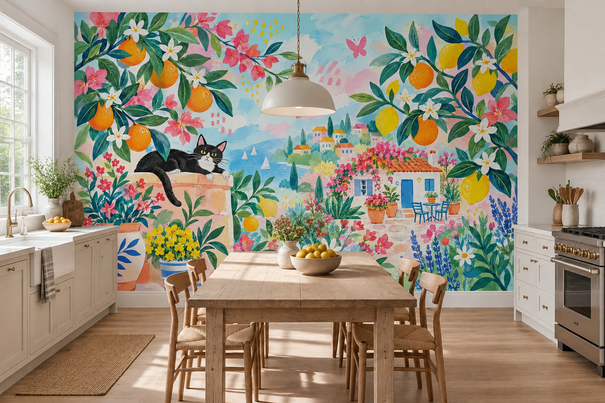 Mediterranean Citrus Garden Wallpaper Coastal Terrace Wall Mural