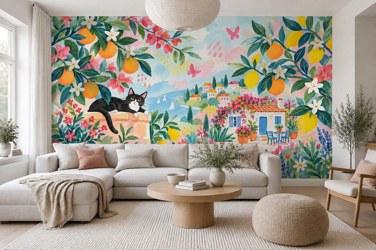 Mediterranean Citrus Garden Wallpaper Coastal Terrace Wall Mural