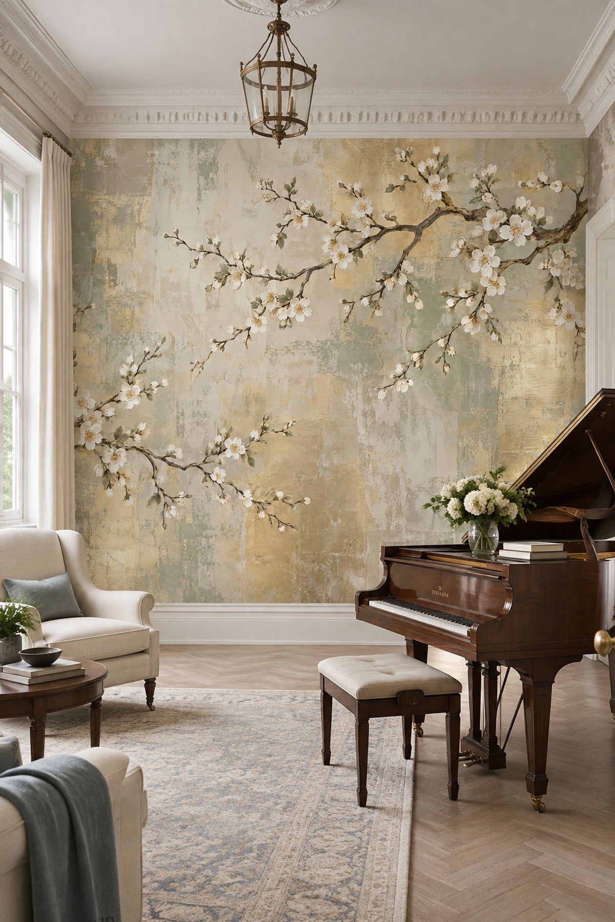White Blossom Branches Wallpaper Chinoiserie Gold Accents Wall Mural