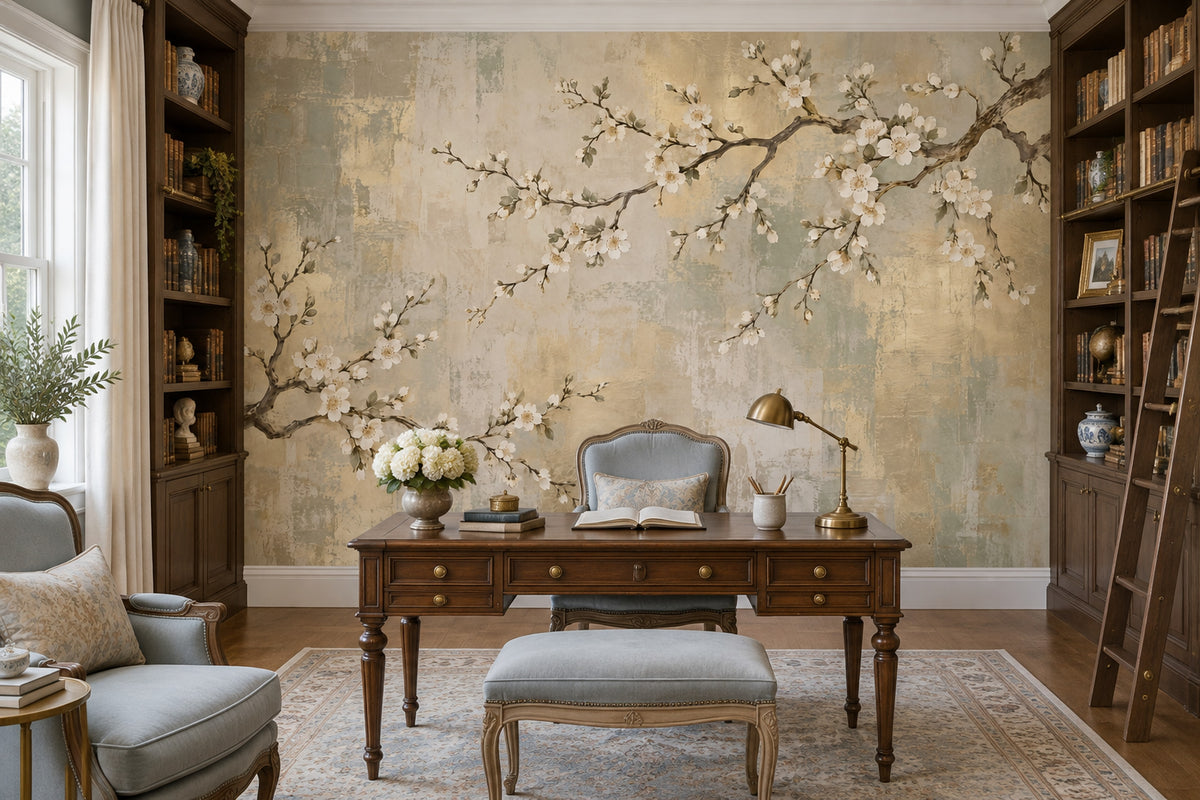 White Blossom Branches Wallpaper Chinoiserie Gold Accents Wall Mural