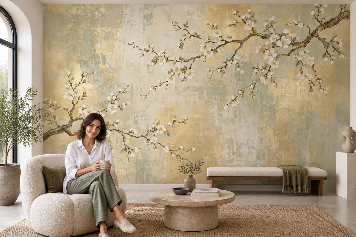 White Blossom Branches Wallpaper Chinoiserie Gold Accents Wall Mural