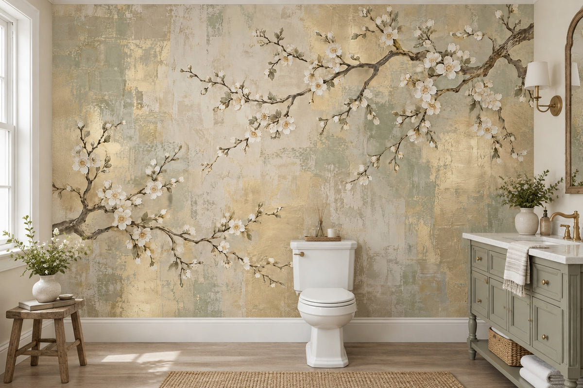 White Blossom Branches Wallpaper Chinoiserie Gold Accents Wall Mural